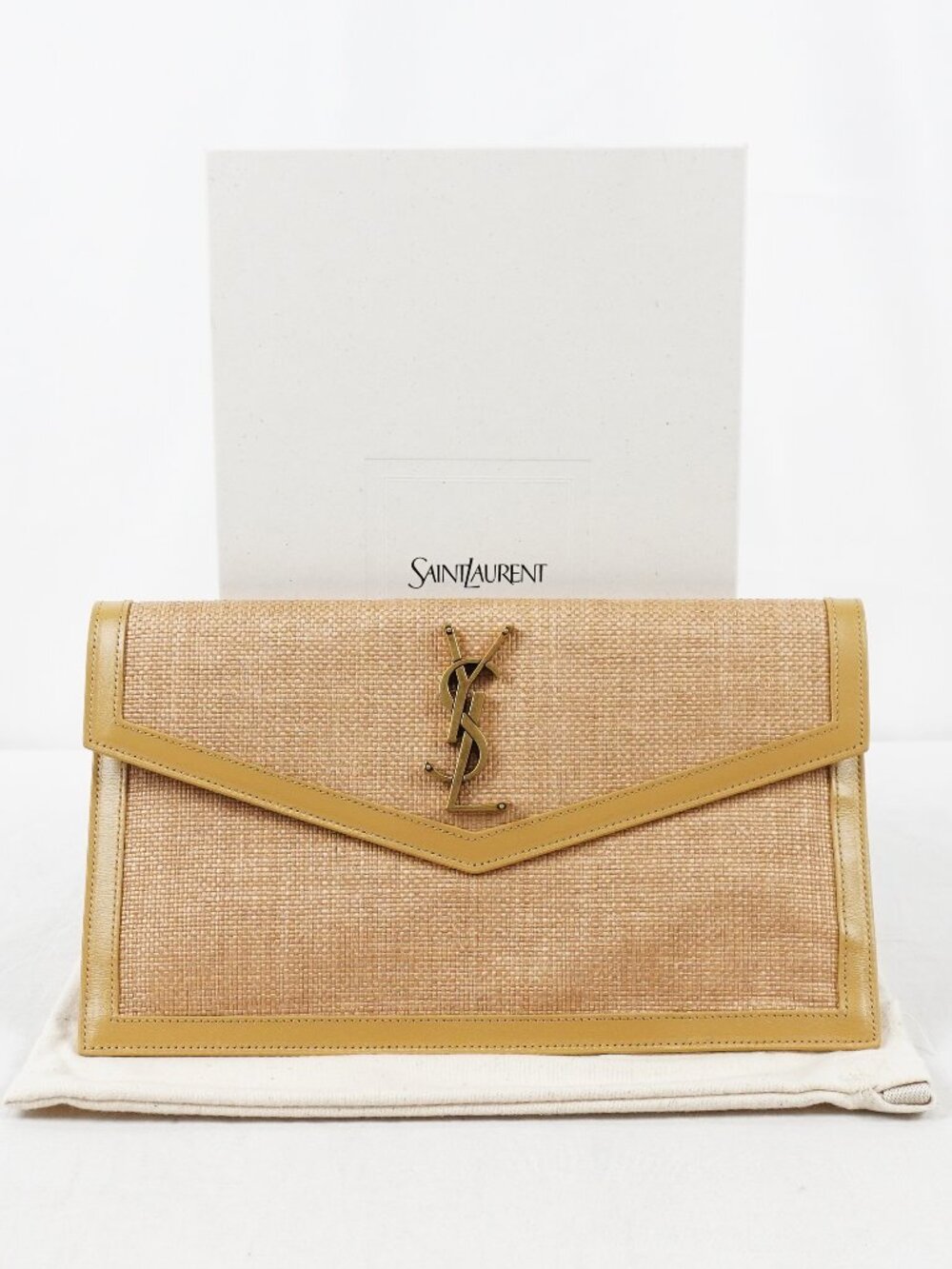 Saint Laurent Uptown Pouch In Natural Hay Micro Raffia With Blush Leather Trim
